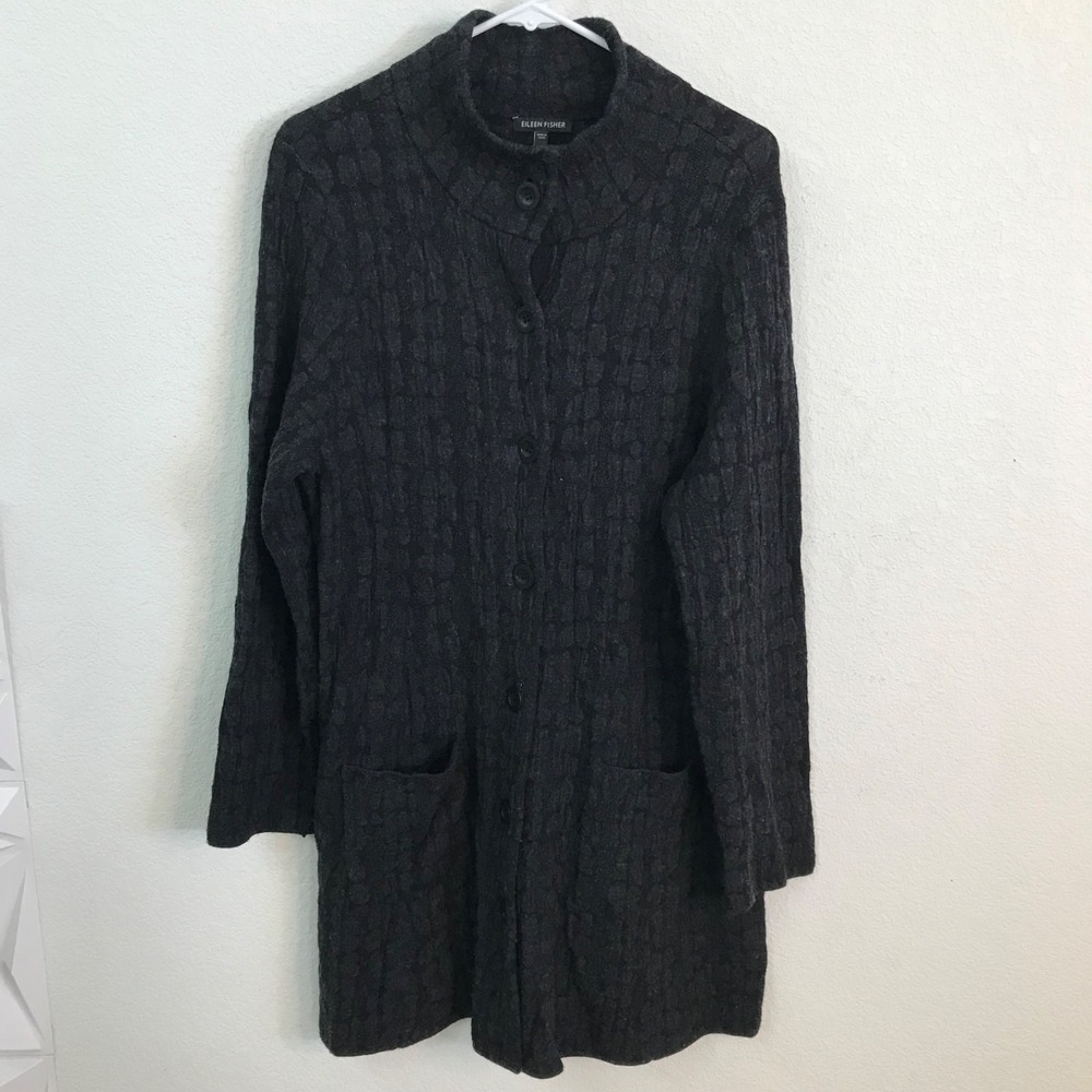 Eileen Fisher Womens Button Front Wool Blend Cardigan Sweater Sz L Black